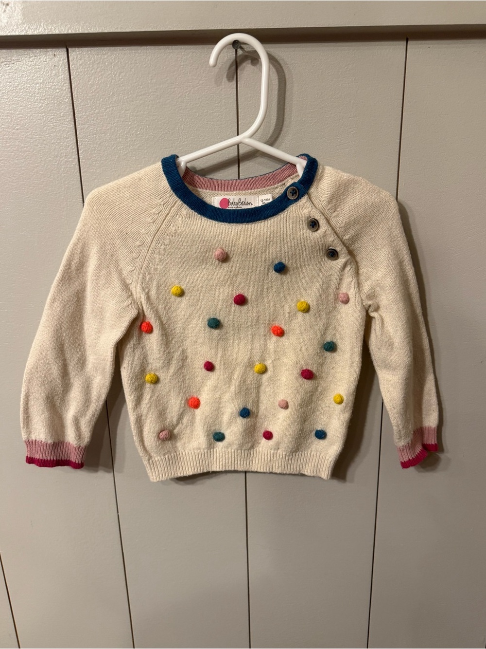 Baby Boden Rainbow Pom Pom Sweater 12-18M Cream Multicolor Knit